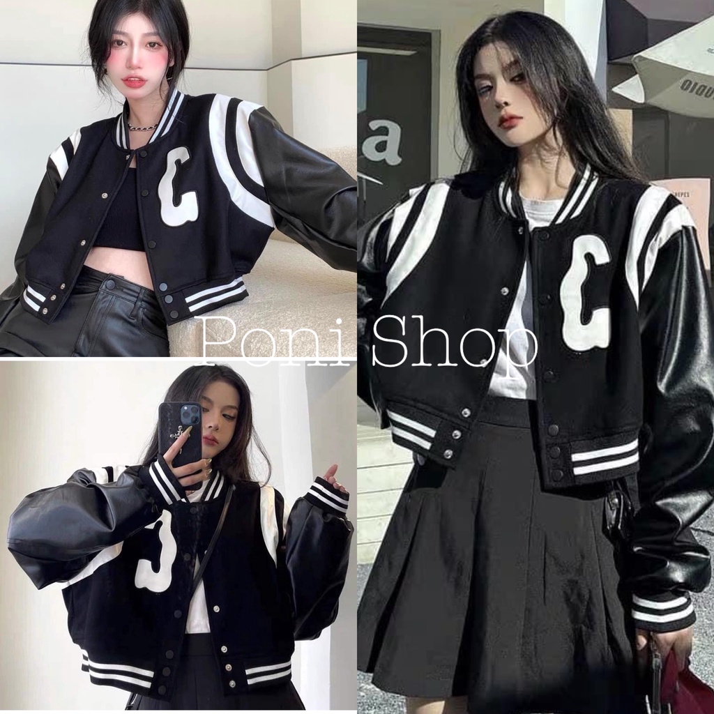 Áo Khoác Nữ, Áo Khoác Bomber Chất Nỉ Phối Tay Da Dáng Ngắn Croptop Chữ C Siêu Xinh