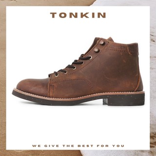Giày boot nam KM da sáp cổ lửng màu nâu, giày phượt vintage bụi bặm TONKIN