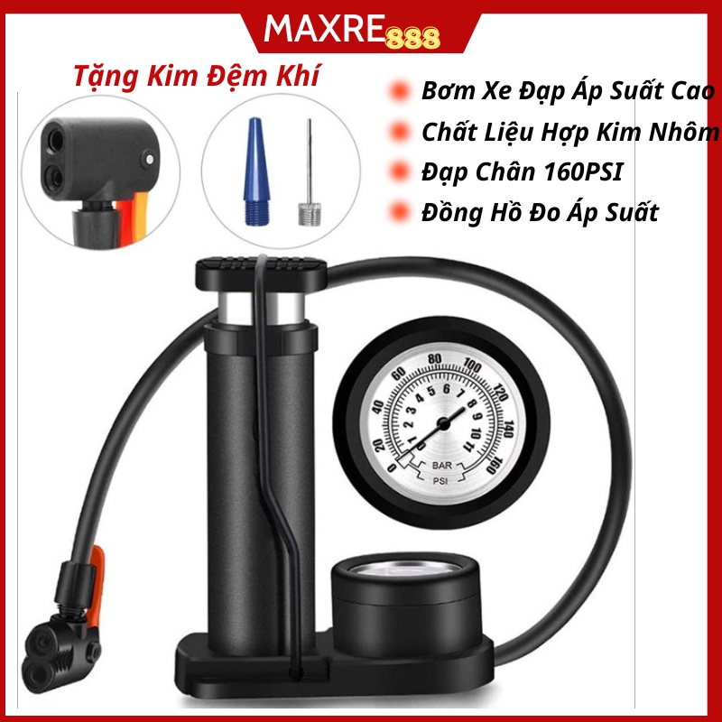 Bơm Đạp Chân Mini Xe Đạp Xe Máy Tiện Dụng Nhỏ Gọn 160 PSI Có Đồng Hồ Đo Áp Suất Tặng Kèm Kim Đệm Khí