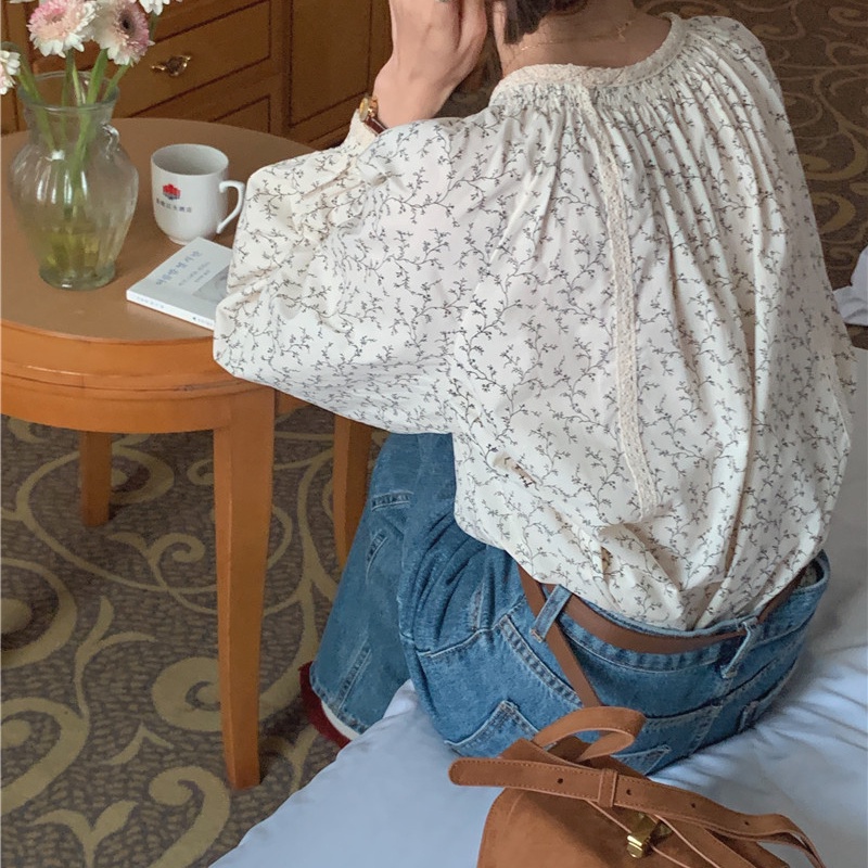 Áo sơ mi SUXI tay dài dáng rộng họa tiết hoa cổ điển phong cách Hàn Quốc thời trang dành cho nữ