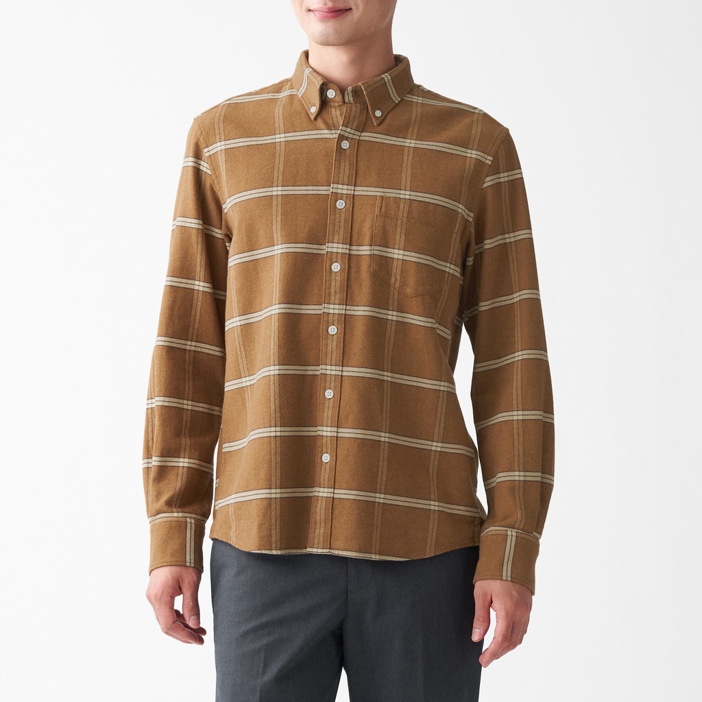 Muji Áo Sơ Mi Vải Flannel Cotton Cổ Cài Nút
