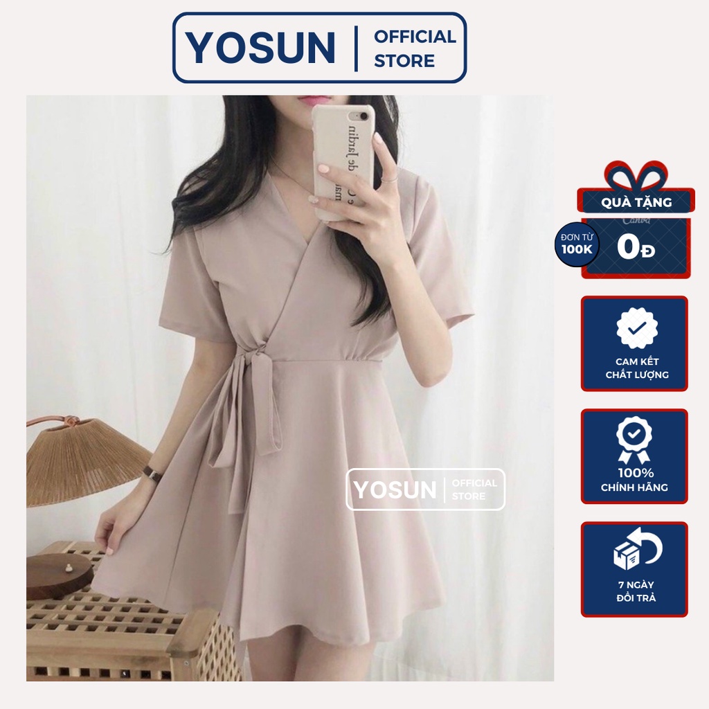 Đầm Nữ Đi Chơi Cổ V Vạt Đắp Chéo Thắt Nơ Hông Nữ Tính, Váy Form Ngắn Xòe Dễ Thương 3 Màu Trắng Kem Hồng