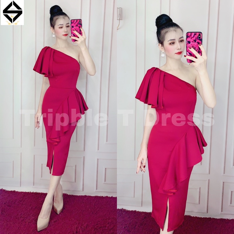 Đầm body lệch vai nhún bèo TRIPBLE T DRESS - Free size