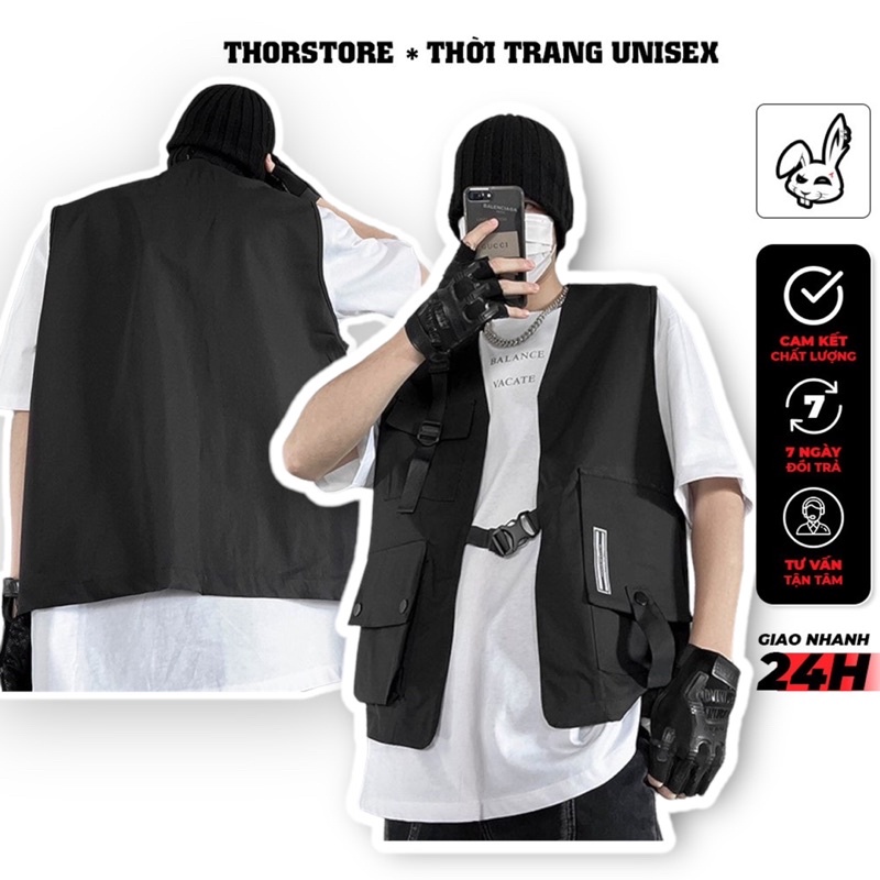Áo gile unisex,chất liệu kaki thiết kế thêu chữ Exp màu đen