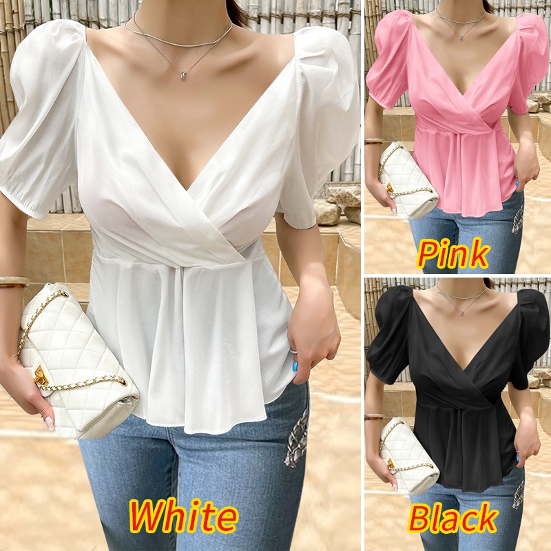 Áo kiểu ZANZEA tay phồng cổ chữ V thời trang Hàn Quốc cho nữ