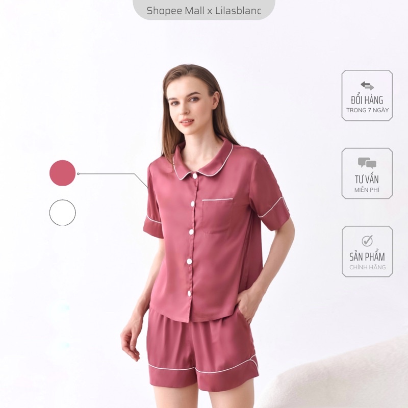 Bộ Pyjamas Nữ Mặc Nhà Áo Cộc Quần Cộc Chất Liệu Lụa Trơn Basic Nhiều Màu LILAS BLANC