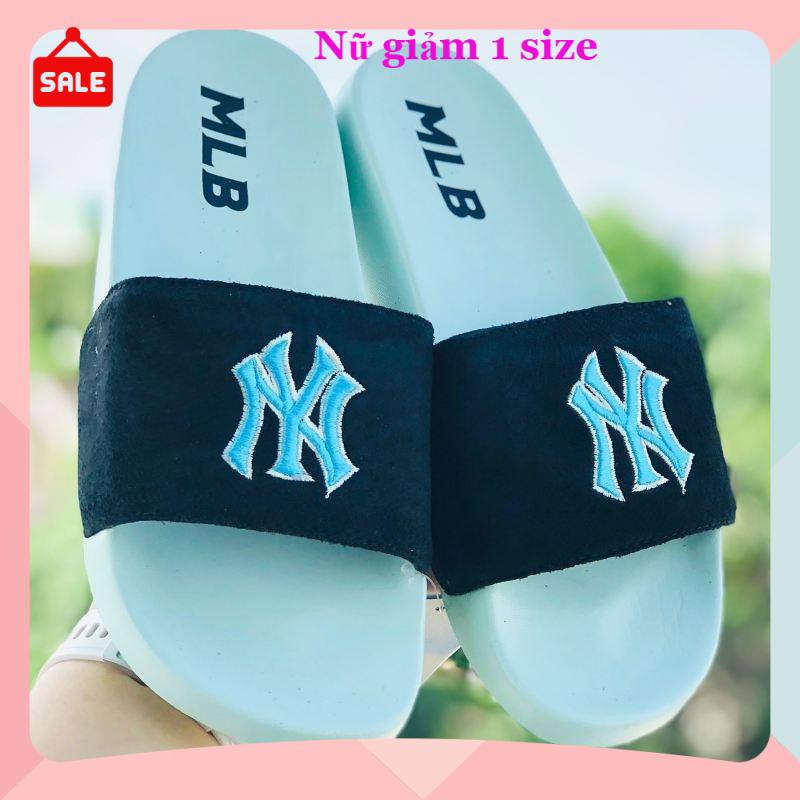 Dép unisex 𝐌𝐋𝐁 ❤️FREESHIP + Hộp❤️ dép mlb bóng chày quai ngang thể thao nữ in NY da lộn, đế ip bền, xanh-đen