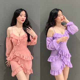 Đầm mini bèo nhún rớt vai hai màu hồng tím