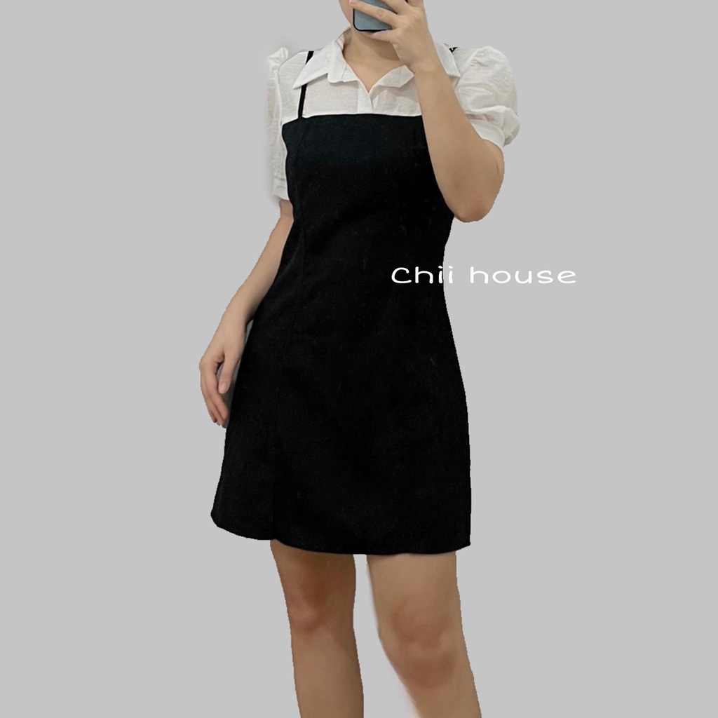 ĐẦM ĐEN PHỐI CỔ SƠ MI TRẮNG XẺ LAI