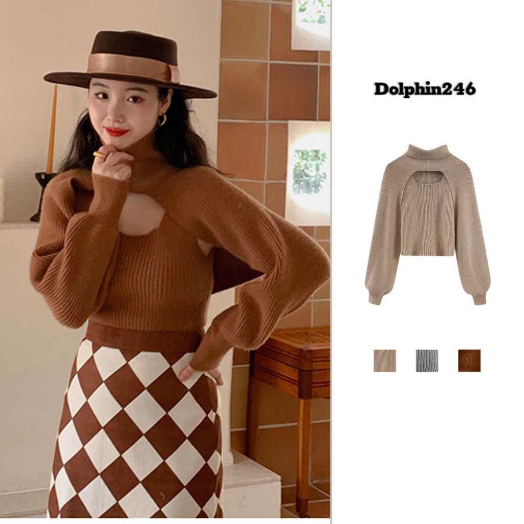 Set áo len tăm tay dài croptop cổ lọ khoét ngực kèm áo kiểu tay bồng kèm ba lỗ phong cách bánh bèo tiểu thư D-11