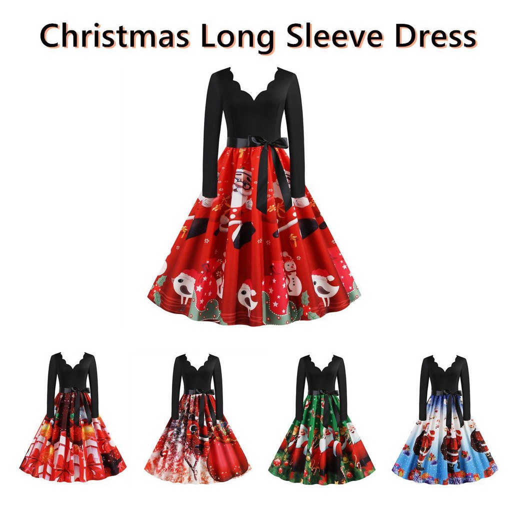 Đầm Dài Tay In Họa Tiết Giáng Sinh Xinh Xắn Dành Cho Nữ