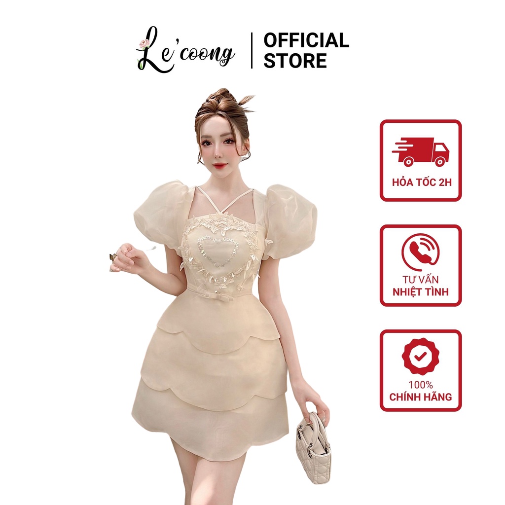 Đầm Đi Tiệc Dáng Ngắn LECOONG V244 Tay Bồng Cổ Dây Chéo Đính Hoa Bướm Sang Chảnh