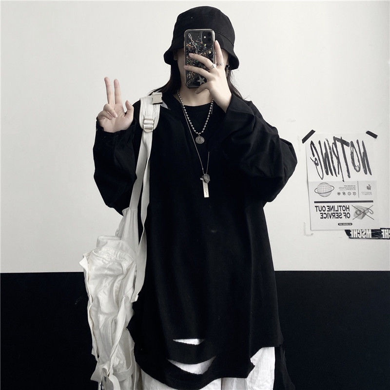 Jiashucheng Áo Thun Tay Dài Dáng Rộng Màu Trắng Rách Gối Phong Cách Hàn Quốc Thu Đông Mới Dễ Phối Đồ Cho Học Sinh Nữ @