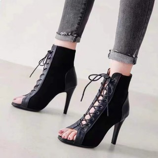 Giày bốt da lộn cao gót 9cm hở ngón thiết kế sành điệu cho nữ