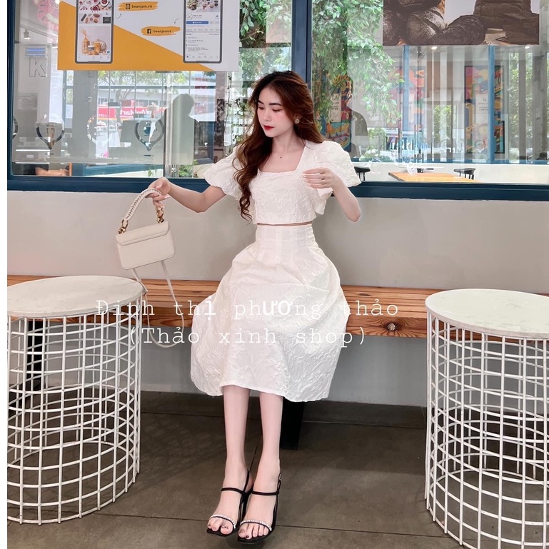 Sét đồ nữ áo crotop chân váy tiểu thư vải gấm xốp tay bồng chân váy dài eo thun - NV341 | BigBuy360 - bigbuy360.vn