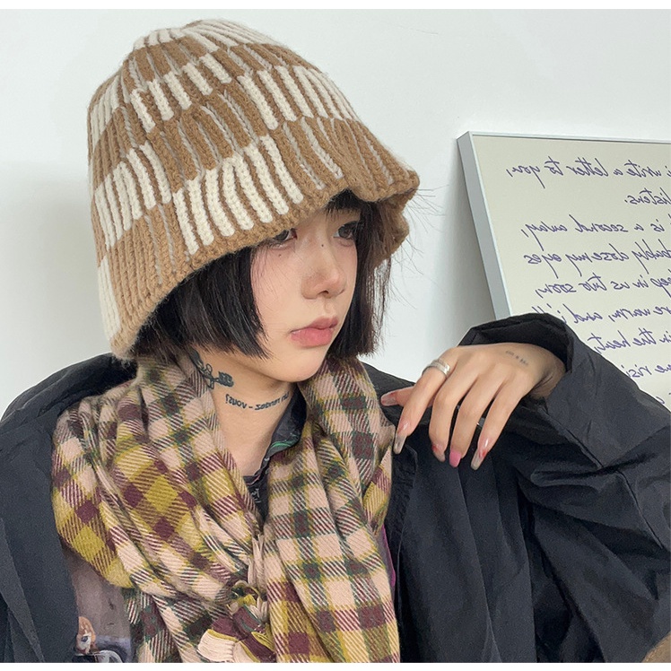 Mũ Bucket Len Dệt Kim Kẻ Sọc Phong Cách Thời Trang Thu Đông Hàn Quốc