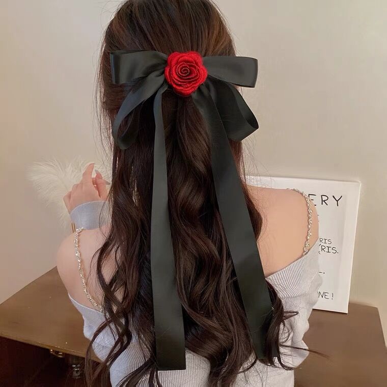 Kẹp tóc CHLINS trang trí nơ đính hoa hồng phong cách đơn giản thời trang dành cho nữ
