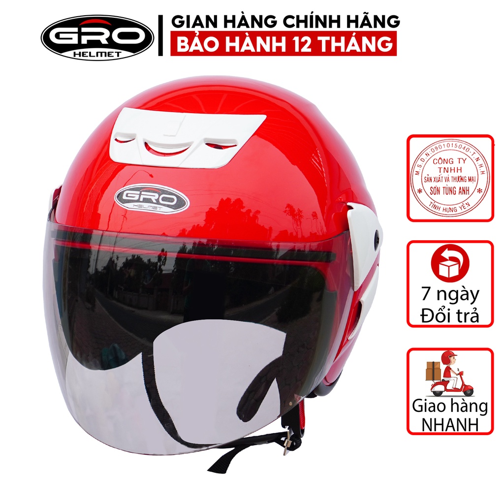 Mũ Bảo Hiểm 3/4 đầu GRO Helmet V2 có kính dài, kiểu dáng trẻ trung cho nam và nữ, khóa kim loại chắc chắn - Đỏ Tươi