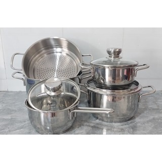 Bộ nồi inox 304_ 3 đáy nắp kính : gồm 1 nồi 16cm , 1 nồi 20 cm ,1 nồi 24 cm ,1 hấp 24 ( 2