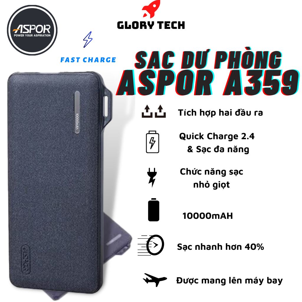 🎁TẶNG DÂY SẠC🎁Sạc dự phòng ASPOR A359 10.000mAh + 2 cổng sạc , Pin dự phòng thiết kế sang trọng tích hợp sạc nhanh công