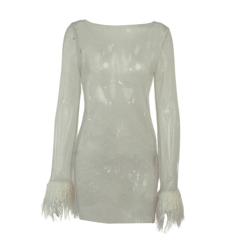 Đầm Body Tay Dài Cổ Tròn Phối Lưới Đính Lông Vũ Lấp Lánh Thời Trang Dự Tiệc Cho Nữ