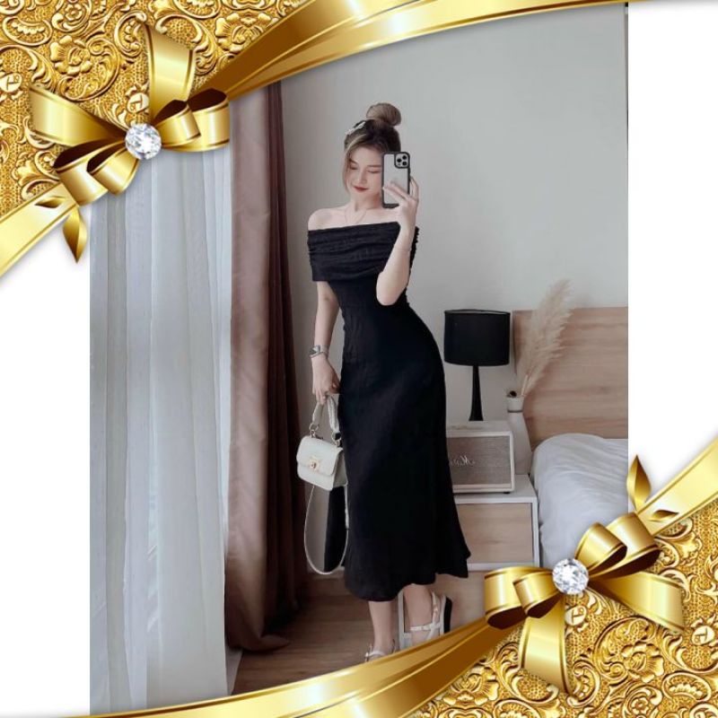 ĐẦM MIDI ĐEN TRỄ VAI (ĐEN, TRẮNG)