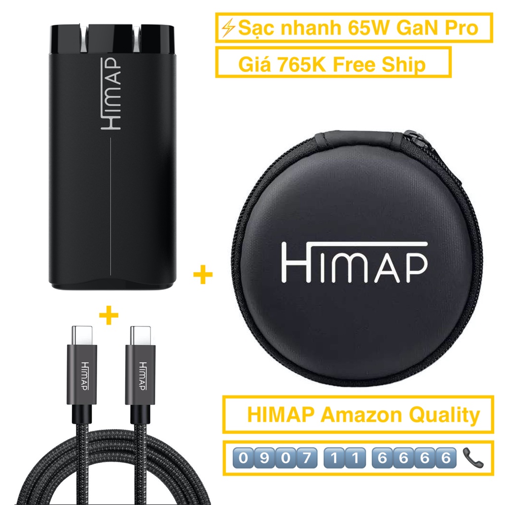 Sạc nhanh 65W 30W HIMAP GaN Pro Mini gồm dây Type C 60W,2M mới,nhỏ nhất hiện nay cho laptop,điện thoại,
