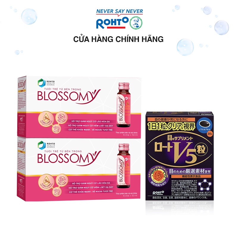 [VB] Bộ 2 Hộp Thực Phẩm Giúp Da Sáng Đẹp Và Dạ Dày Khỏe Blossomy (20 chai x 50ml) + Hộp Viên uống sáng mắt Rohto V5