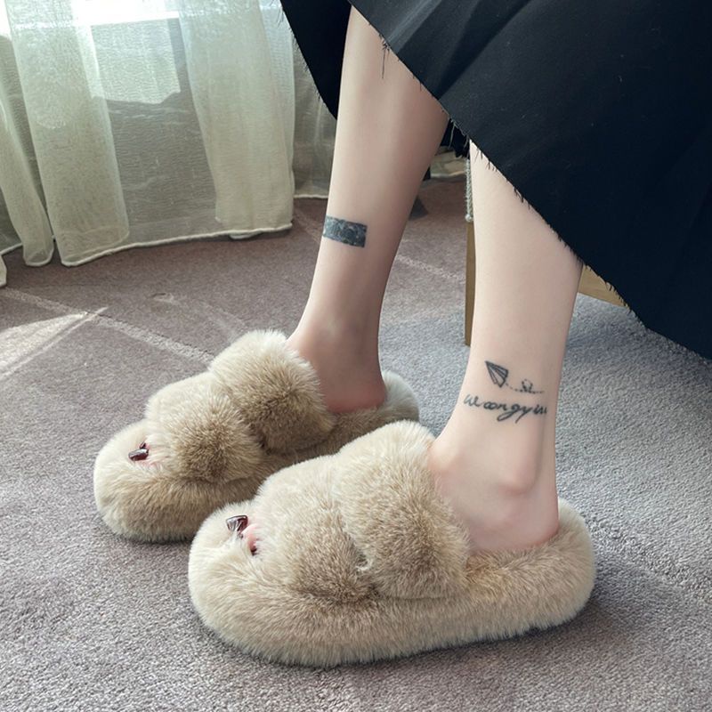 Dép Nữ Đế Dày Phối Lông Thời Trang Thu Đông Dễ Thương