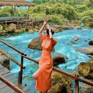 Đầm váy cam cổ bèo nút bọc (kèm hình thật)
