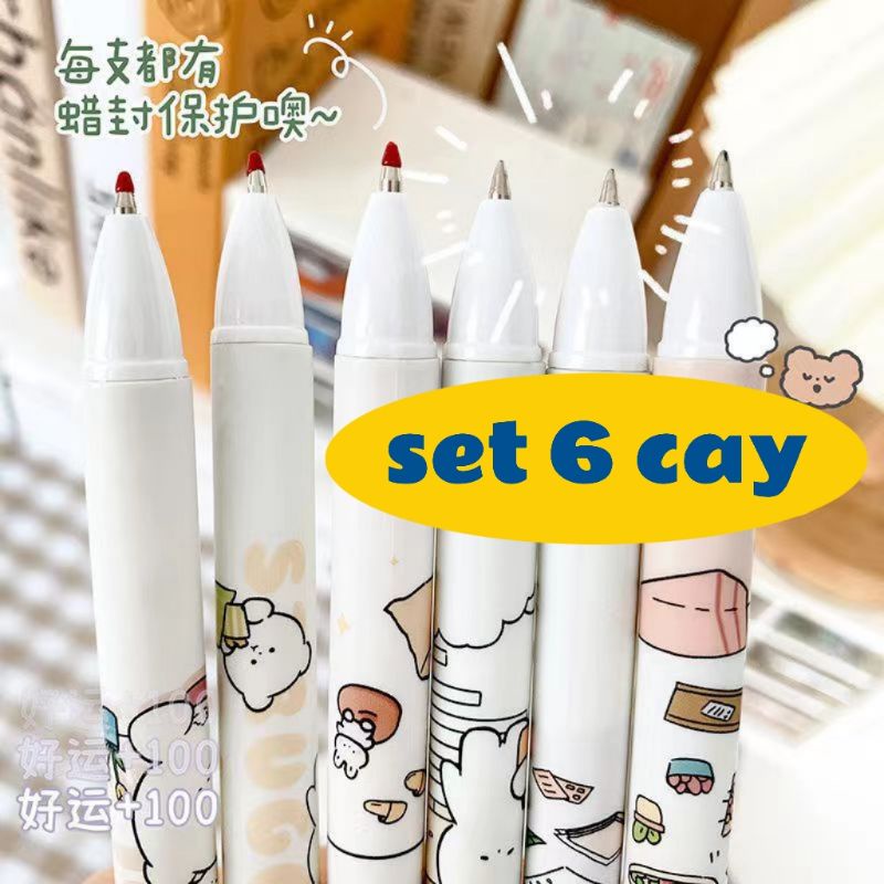 Bút bi mực đen ngòi 0.5mm hoạ tiết dễ thương set 6 cây,có tách lẻ