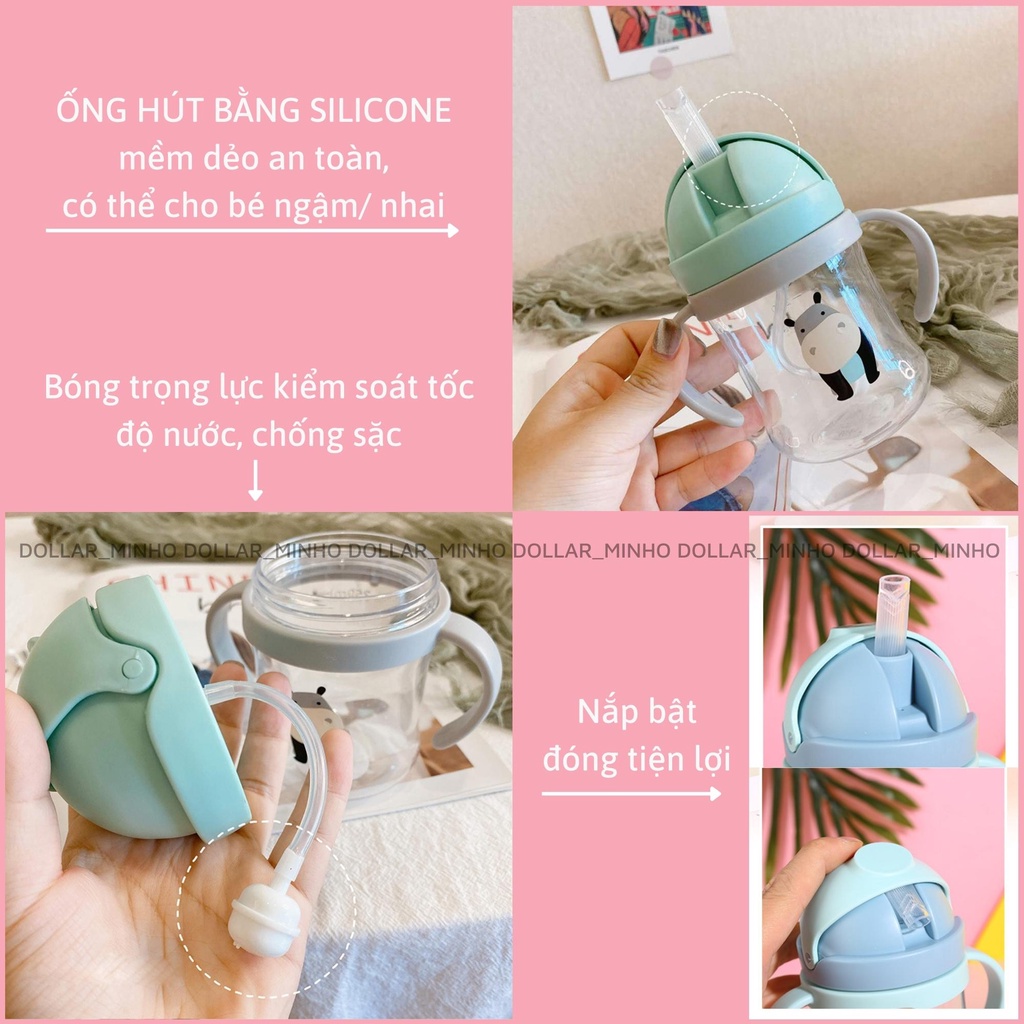 Bình tập uống nước 250ml có van chống sặc, có tay cầm cho bé từ 7m, nhiều hình ngộ nghĩnh, chất liệu nhựa PP CC an toàn