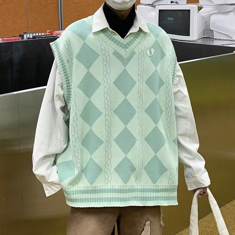 Áo Sweater Không Tay Họa Tiết Kim Cương Phong Cách Đường Phố Mùa Thu 2022 Mới Cho Nam