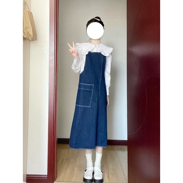 Váy yếm jean hai dây denim mặc 2 kiểu đa năng đeo chéo áo sơ mi cổ búp bê