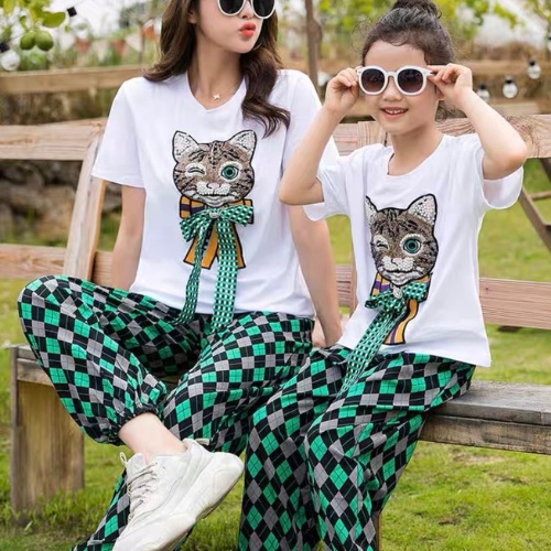 Đồ đôi cho mẹ và bé gái Leila đồ bộ thu đông thêu mèo xinh xắn chất cotton 4c 100%