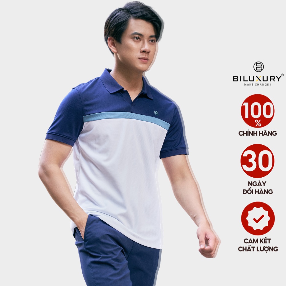 Áo polo nam Biluxury cổ V đẳng cấp line ngang phối màu lịch lãm không nhăn nhàu 6APCT008