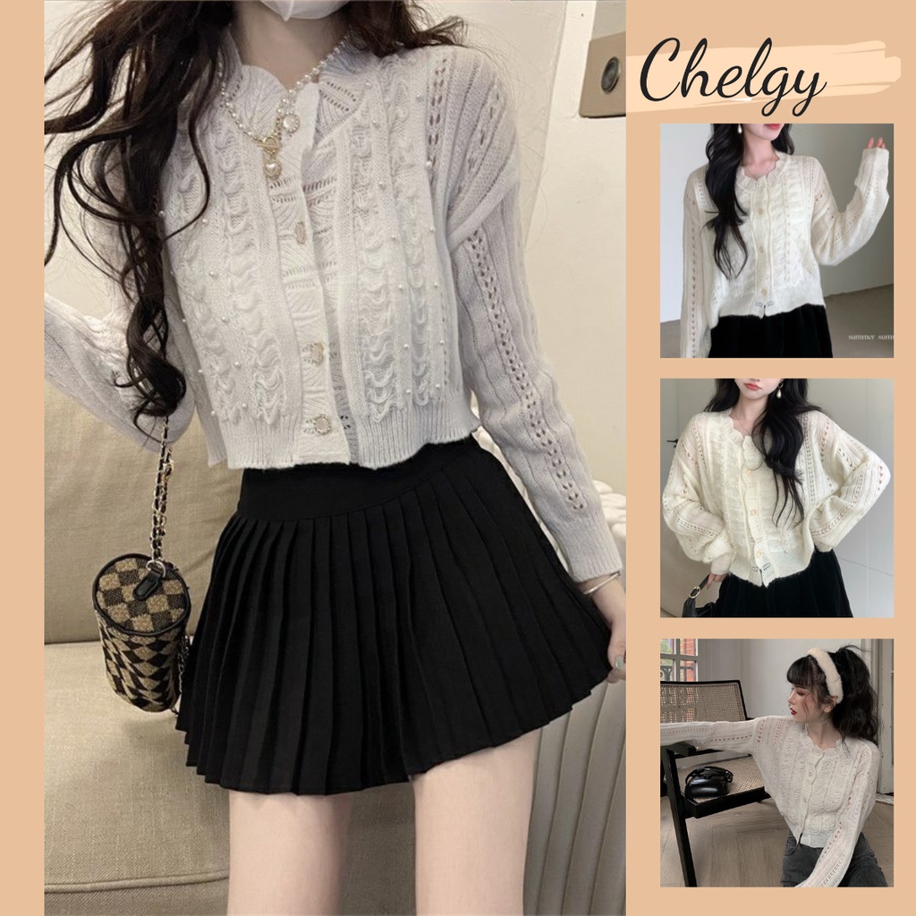 Áo Cardigan len dệt kim dài tay Chelgy cổ tròn may cách điệu vải len voan mùa thu đính cúc tròn và hạt cườm CG-CDG108