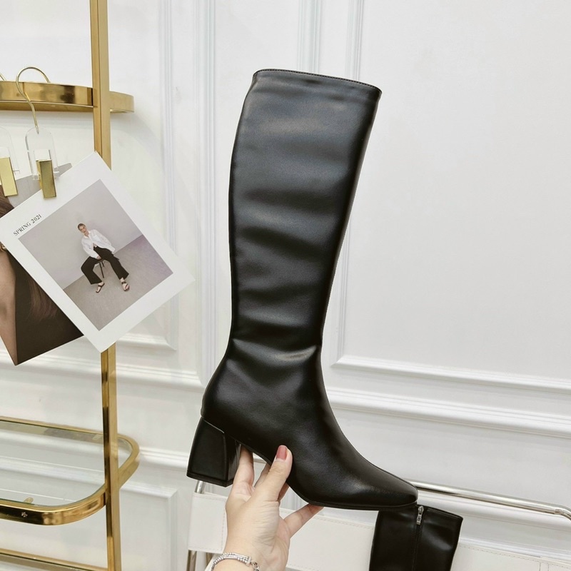 Boot đùi da Mijili gót vuông 5cm đen trắng cao cấp