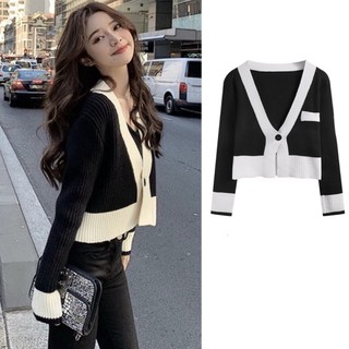 Áo Khoác cardigan croptop dài tay phối viền đen trắng cúc cài