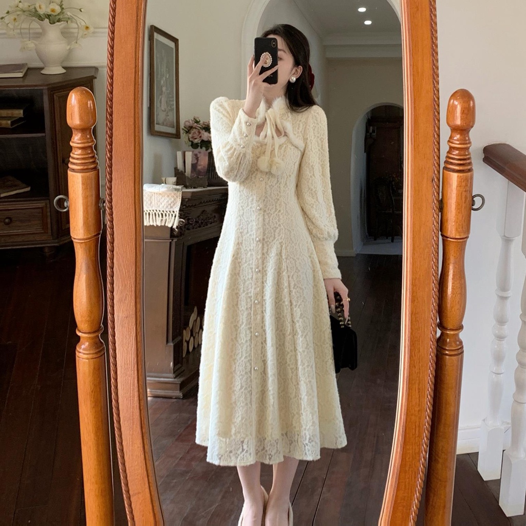Đầm Ren Dáng Dài Chiết Eo Phong Cách Retro Cao Cấp