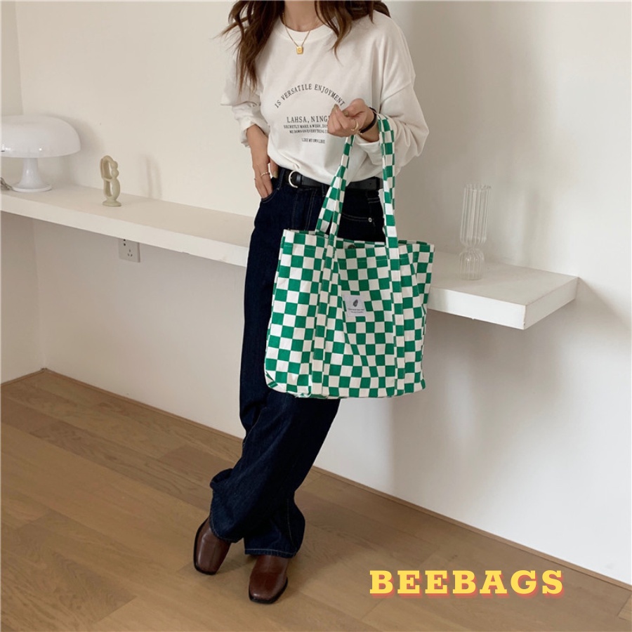 Túi Tote Caro To Đựng Laptop, Sách Vở Có Khóa Zip Màu Đen, Xanh Lá | TOTE10 | Túi Tote Đeo Vai Họa Tiết Bàn Cờ Dễ Phối