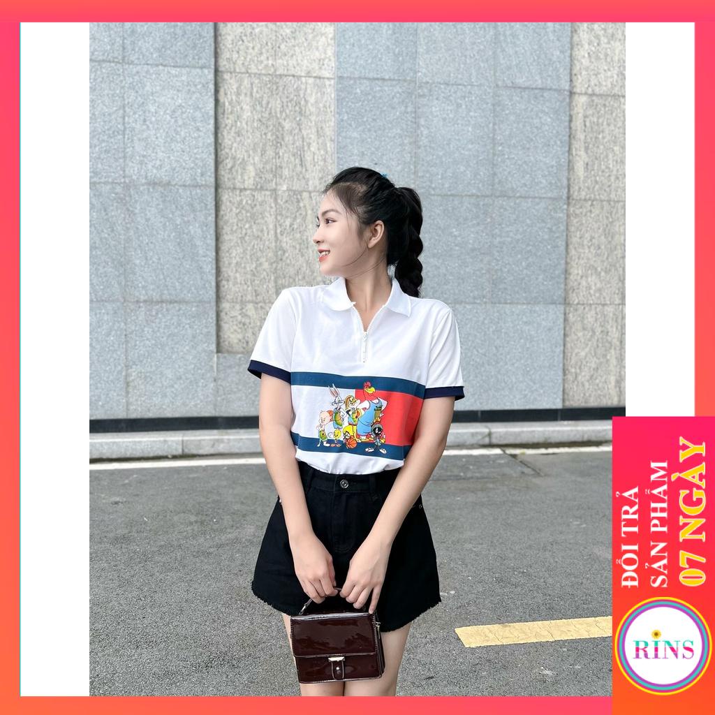 ÁO THUN CỔ TRỤ ÁO POLO TOMMY TRẮNG DÂY KÉO HỌA TIẾT HOẠT HÌNH VNXK - COTTON CÁ SẤU 100%