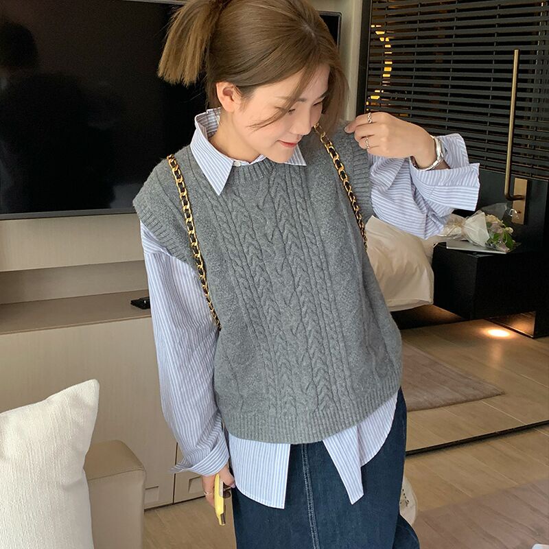 Áo len ZHELIHANGFEI không tay màu xám theo phong cách preppy dễ phối đồ