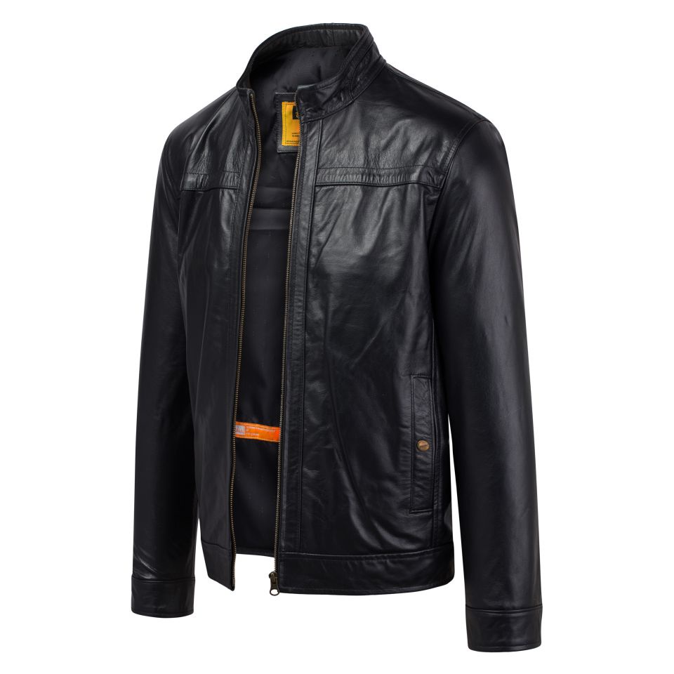 Áo da nam Ftt Leather Racer Jacket viền ngang ngực 100% da bò, da cừu cao cấp màu đen AD204B