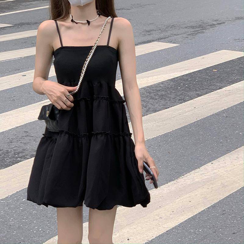 Váy babydoll Đầm Ngắn Hai Dây Màu Đen Thời Trang Mùa Hè 2021 Dành Cho Nữ