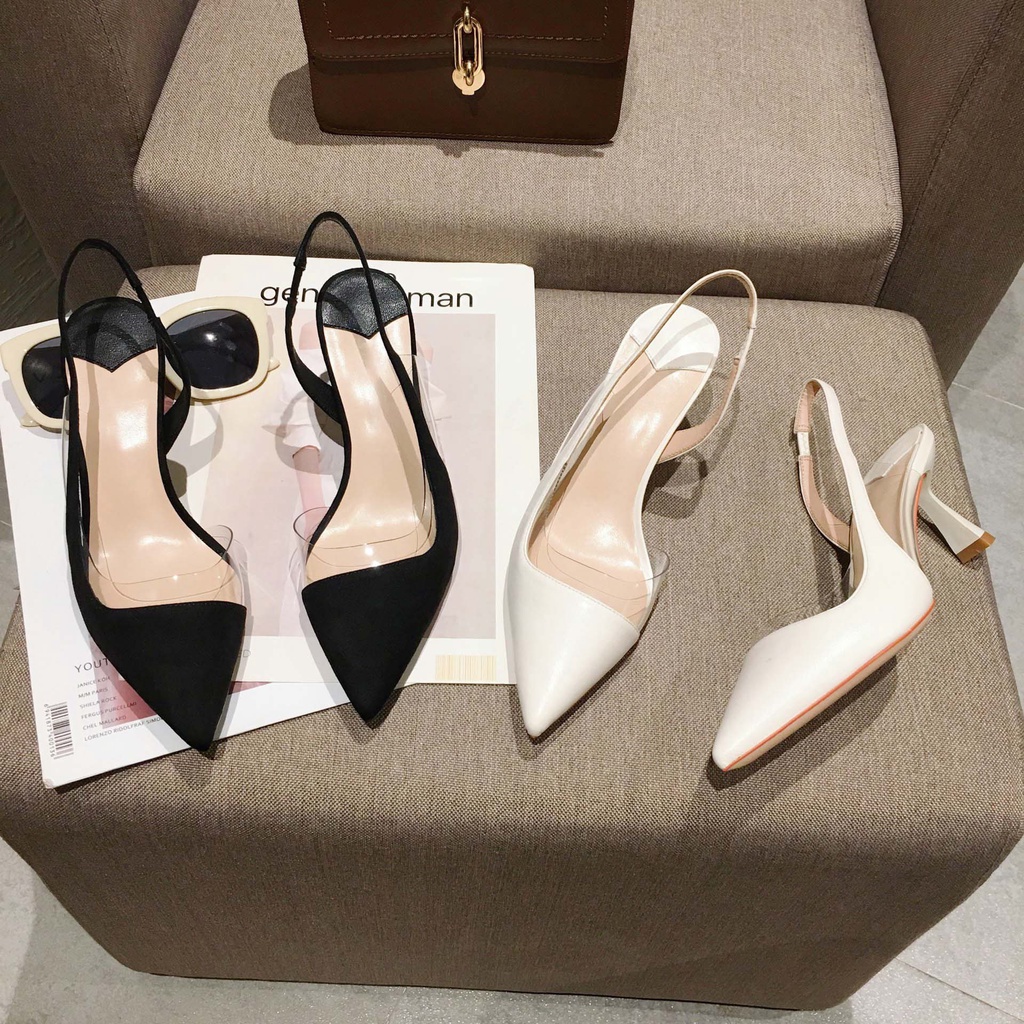 Giày cao gót sandal bít mũi màu đen, gót nhọn 6p phối mica xinh xắn OCNHI18