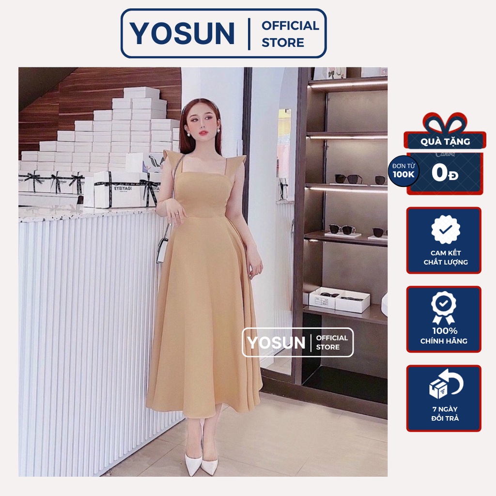 Đầm Nữ Dự Tiệc Cưới Cổ Vuông Hai Dây Bản To Basic Sang Chảnh, Váy Nữ Thiết Kế Đi Event Dáng Xòe Sang Trọng Màu Kem