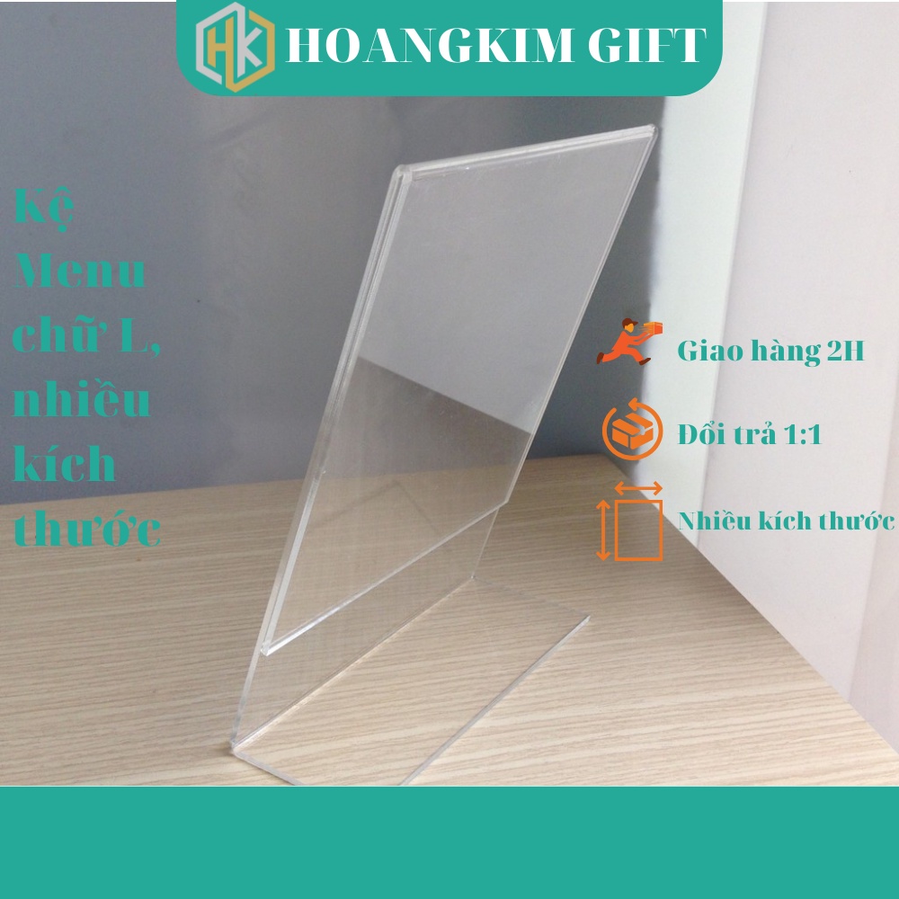 Menu mica chữ L, kệ mica để bàn, bảng giá mica, kệ thông tin sản phẩm mini, trong suốt, đầy đủ size, sẵn giao ngay