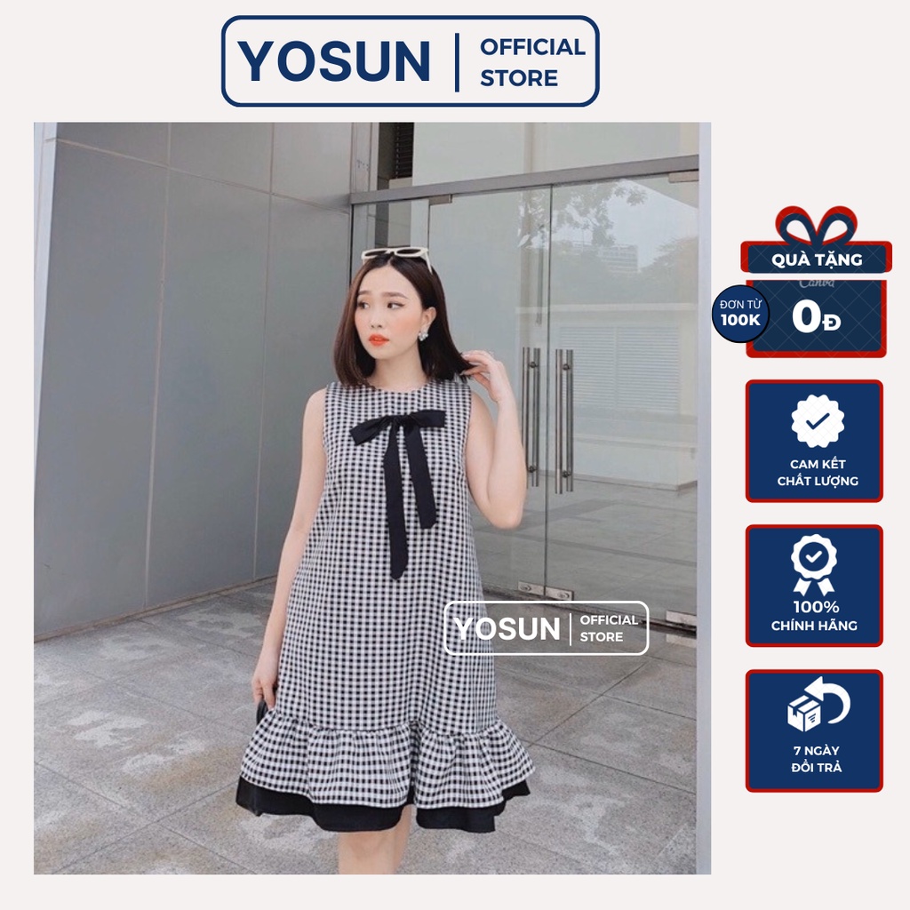 Đầm Nữ Đi Dạo Đuôi Cá Viền Đen Thắt Nơ Ngực Trang Nhã, Đầm Nữ Không Tay Cổ Tròn Form Ngắn Caro Đen