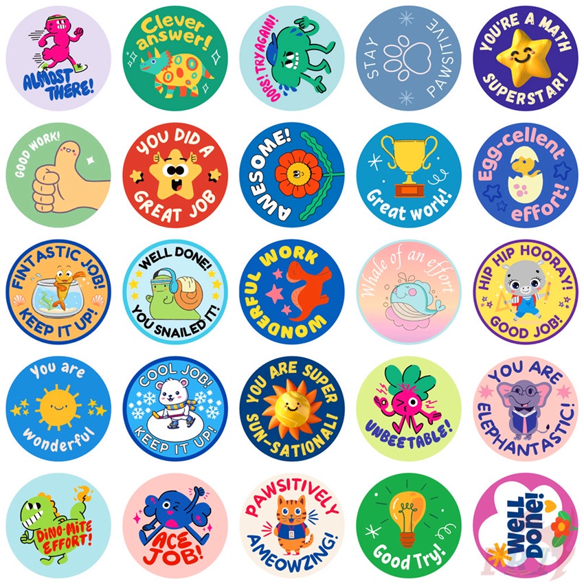 Bộ 100 Cái ❉ Miếng Dán Hình Tròn In Chữ Tiếng Anh Vui Nhộn Cho Bé ❉ Miếng Dán Decal Hỗn Hợp Thời Trang